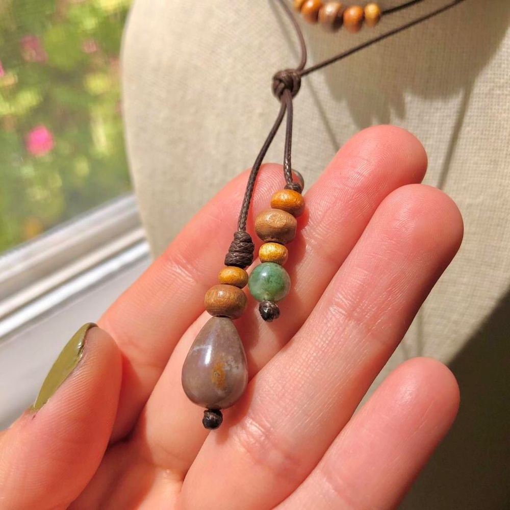 Moss x Indian Agate Teardrop Beaded (Dark Brown) Earthy Boho Wrap Choker - Picture 4 of 5